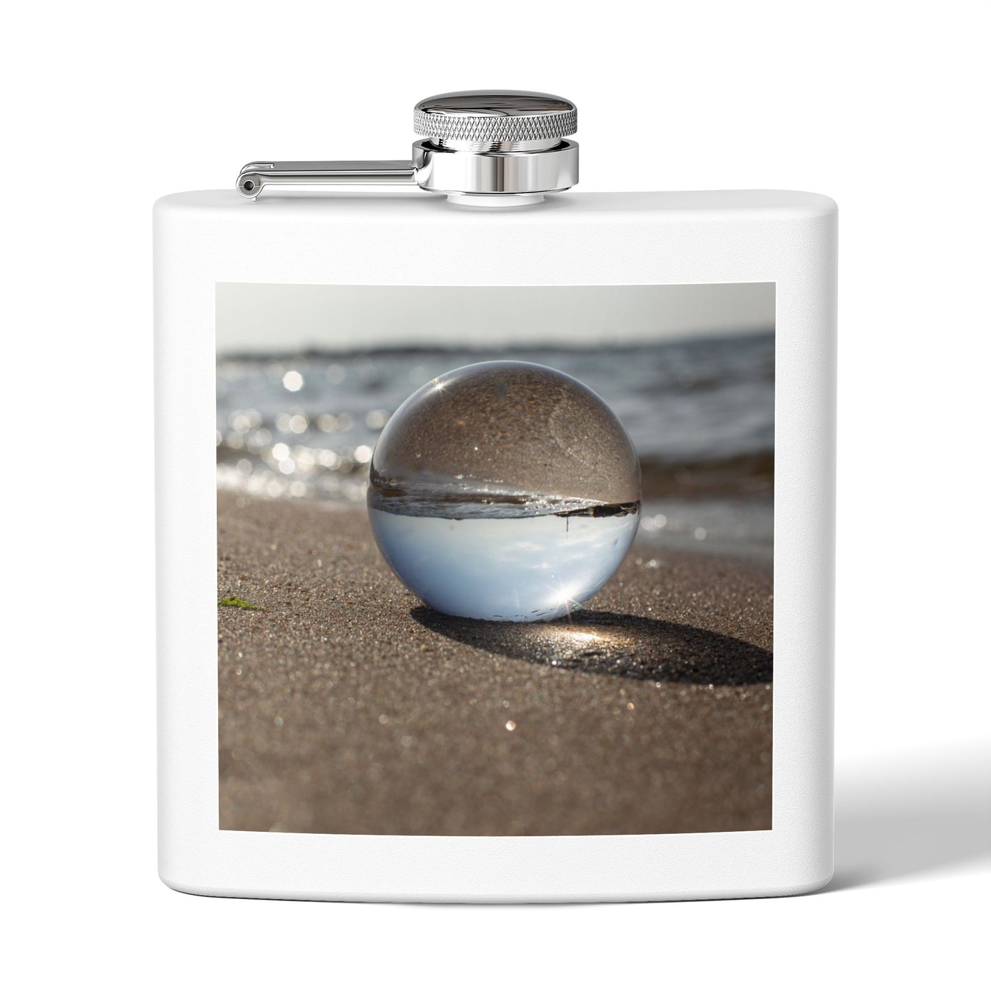 Tropical Stainless Steel 6 oz. Flask, Many Colors  – Crystal Ball on Smooth Beach