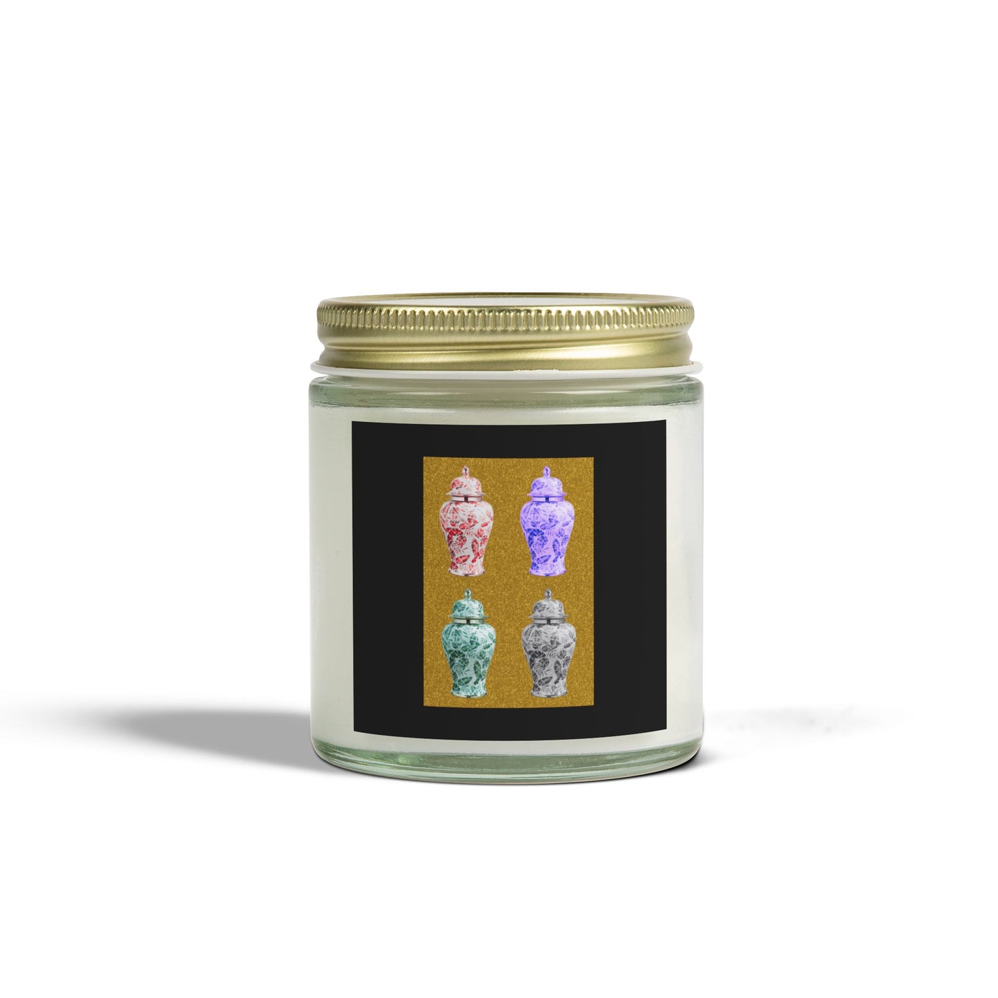 Scented Candles, Coconut Apricot Wax (4oz, 9oz) - Pop Art Tropical Ginger Jars, Gold