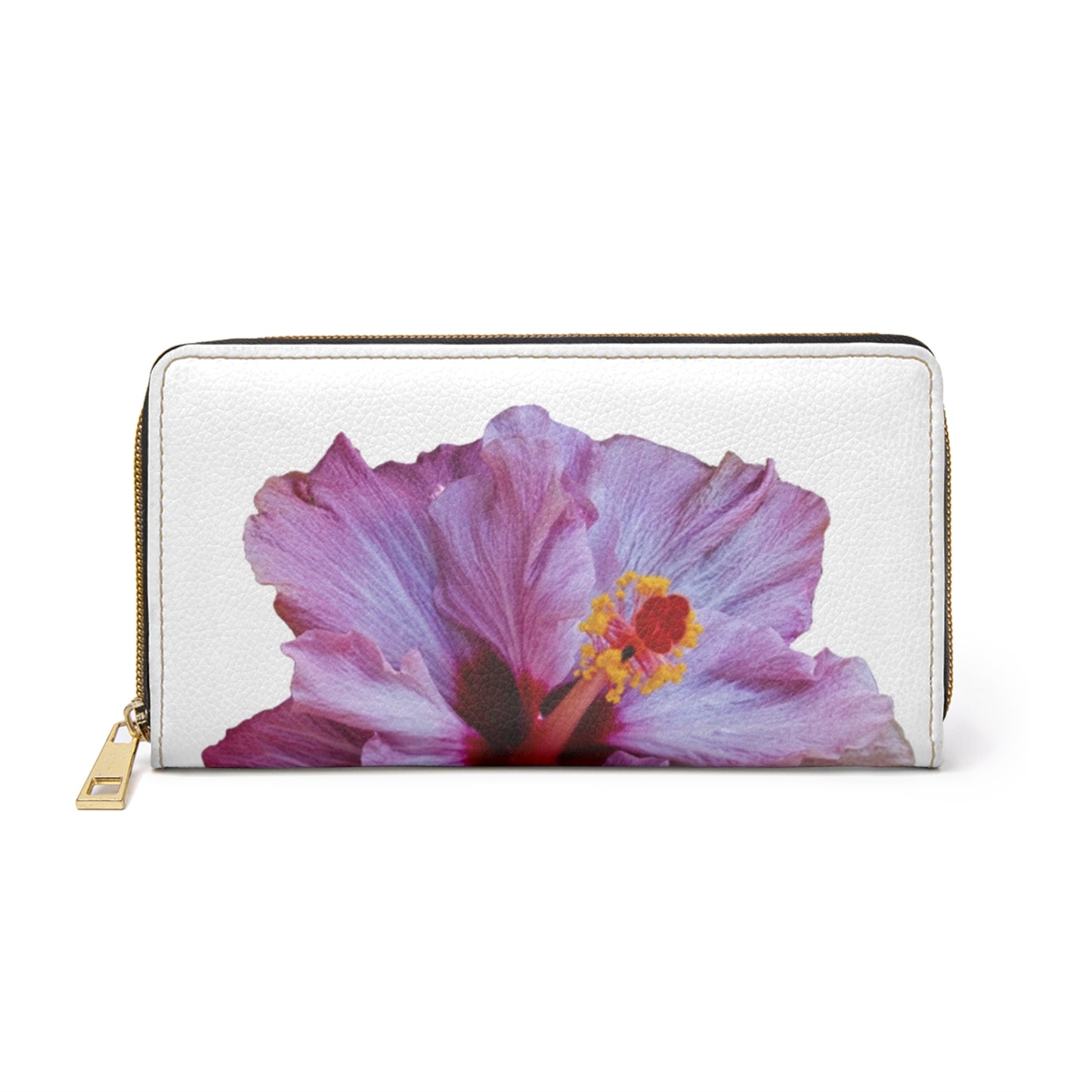 Tropical Zipper Wallet, Faux Leather / Vibrant Clutch / Purple Hibiscus, White