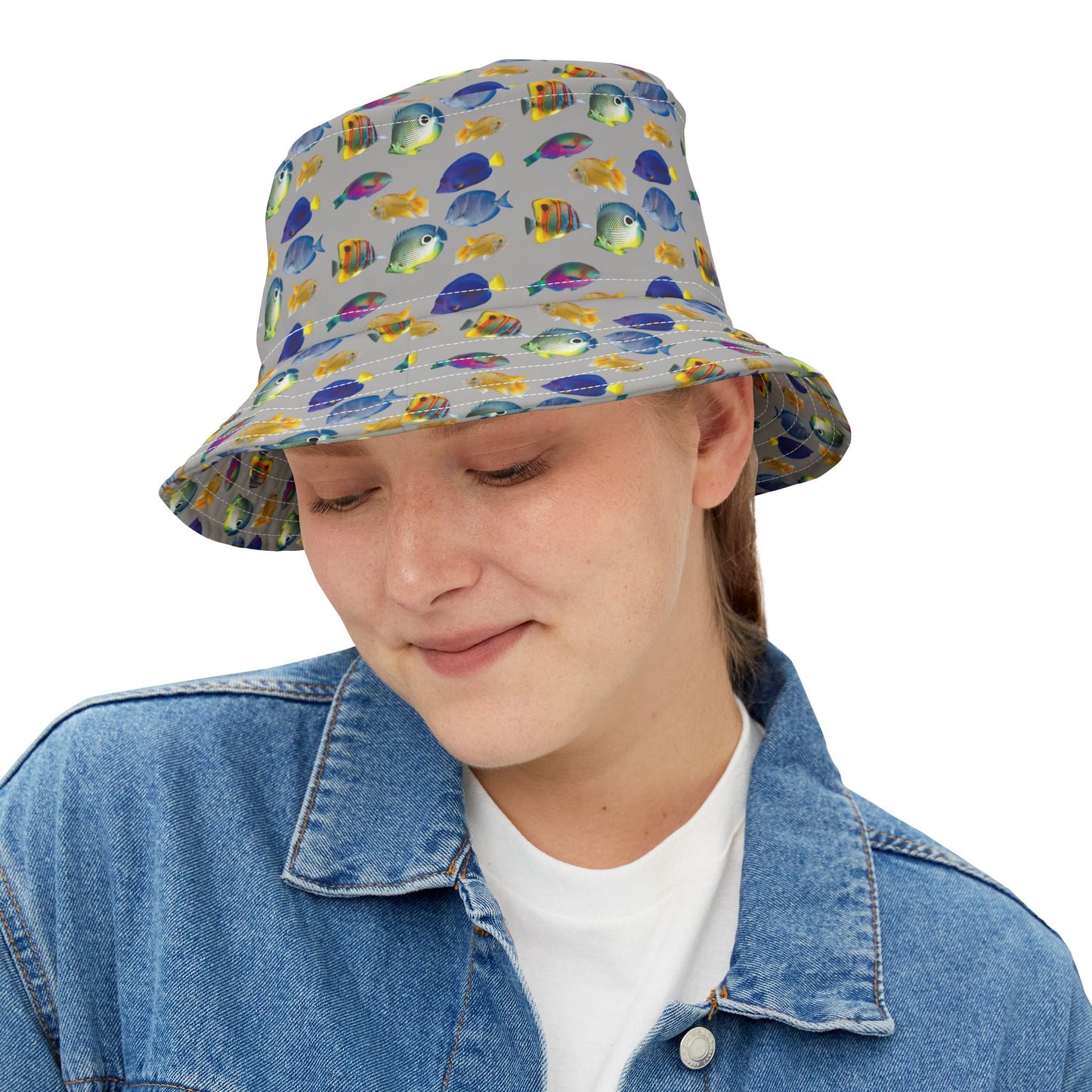 Tropical Polyester Bucket Hat, 2 Sizes - School of Fish / Light Grey
