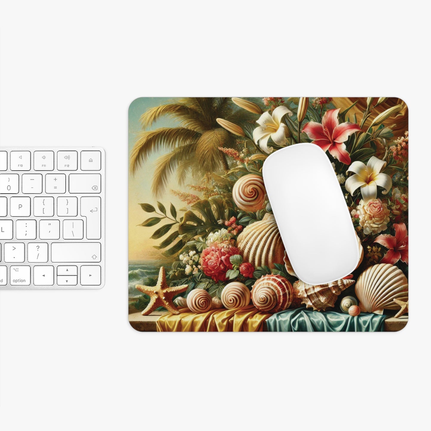 Tropical Mouse Pad, 2 Shapes - Beach Vibes for Home Office & Gamer / Shells and Flowers Still Life