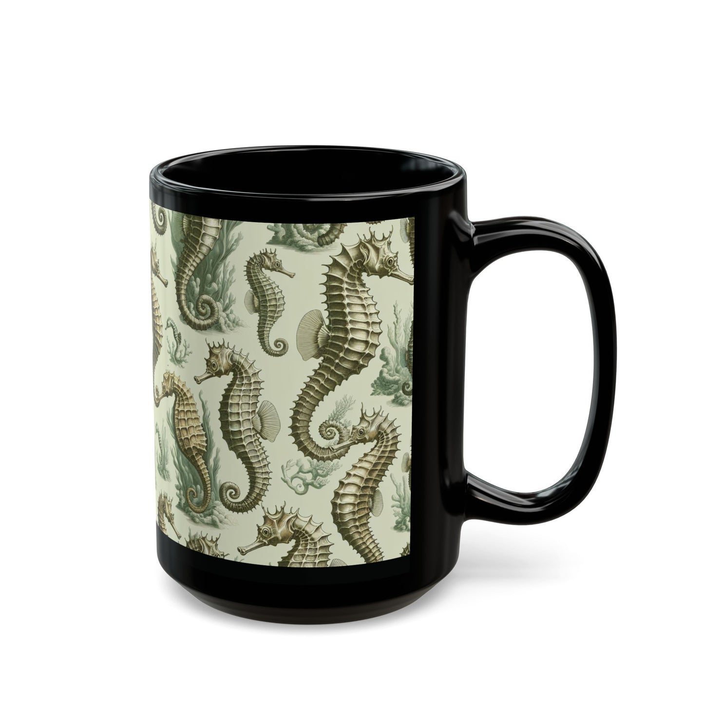 Black Coffee Mug - Green Toile Seahorses