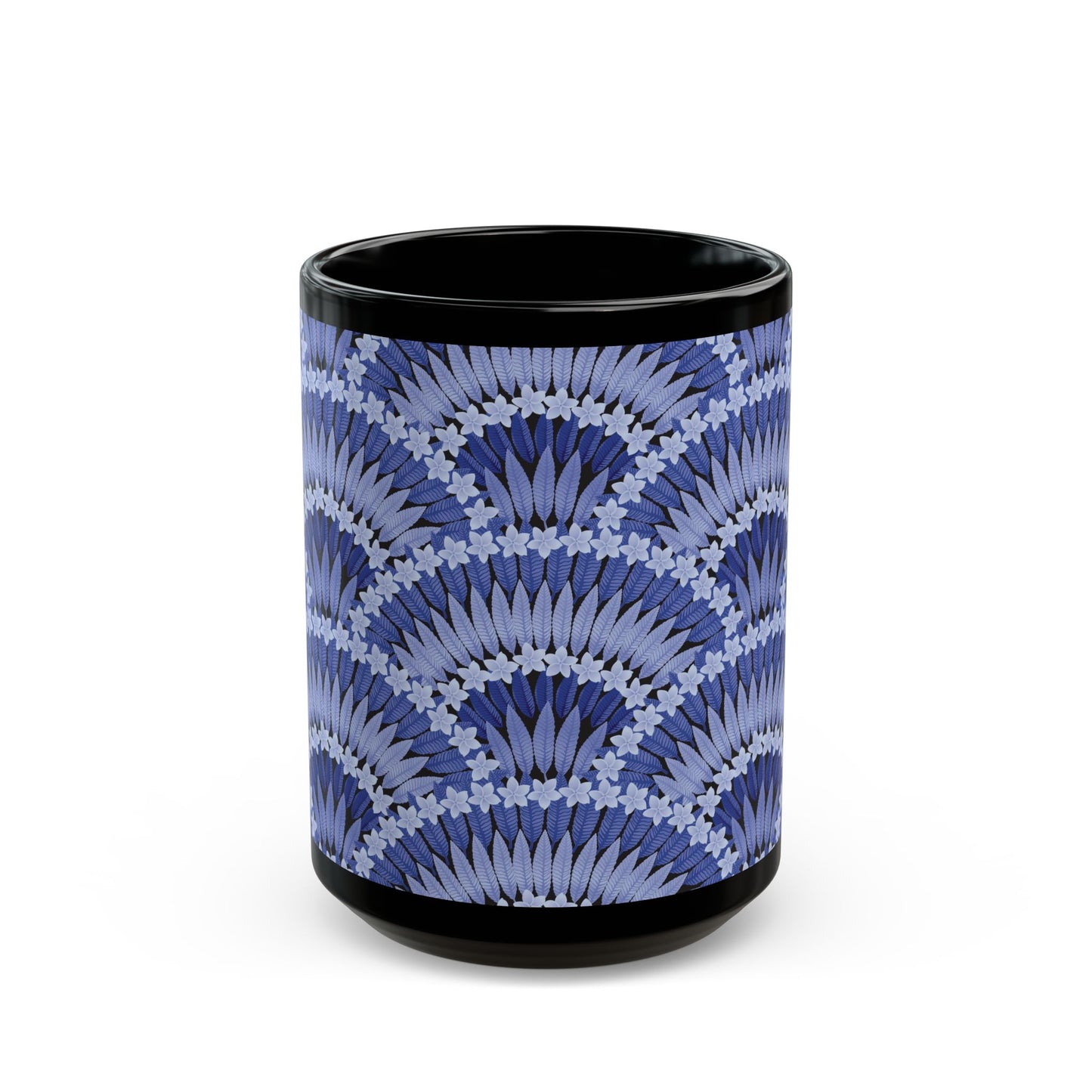 Black Mug (11oz, 15oz), Plumeria and Palms, Navy Blue