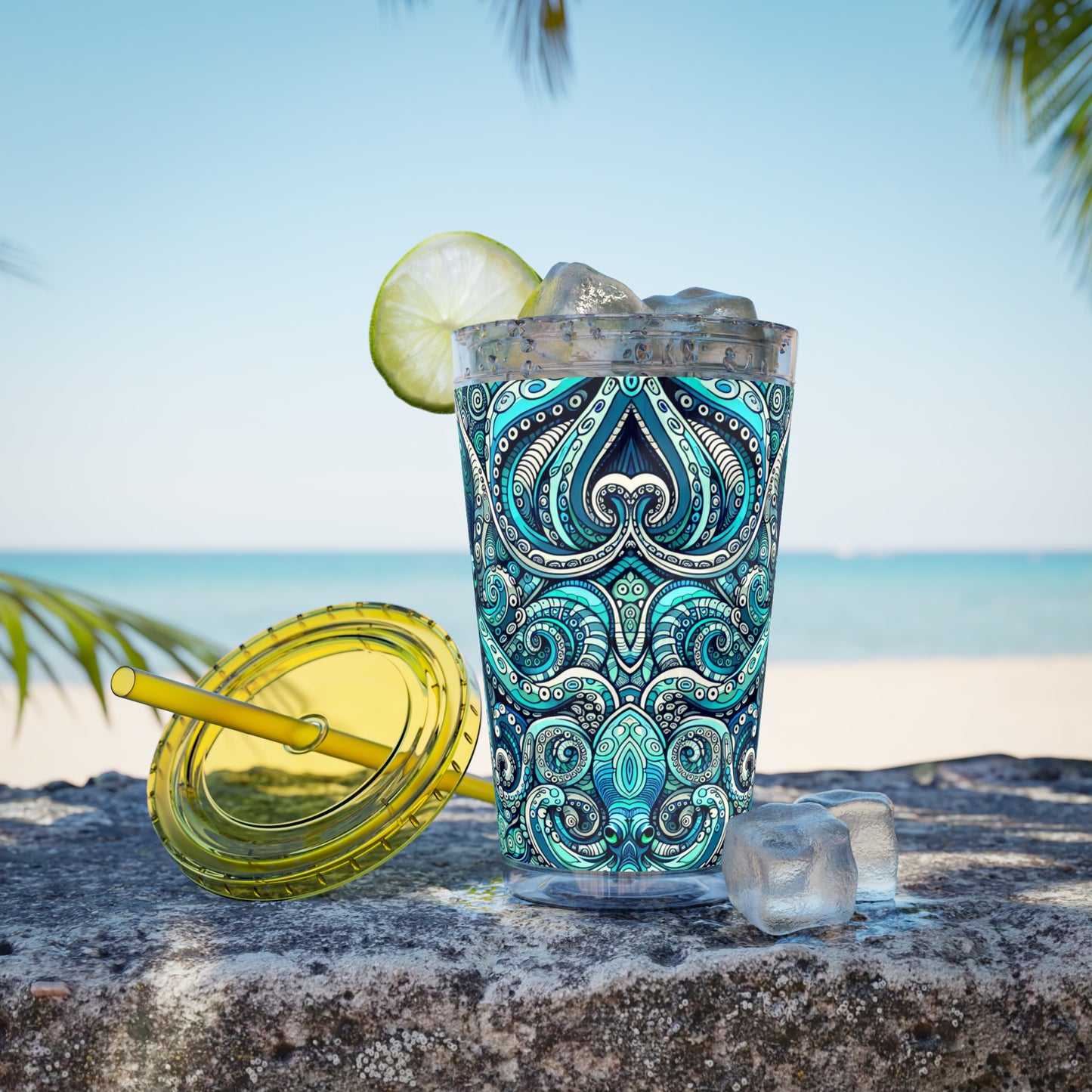 Tropical Tumbler with Straw | 16oz Colorful Travel Cup / Aqua Octopus