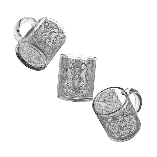 Tropical Glass Mug - 10oz Coffee Cup / Seahorses, Noir