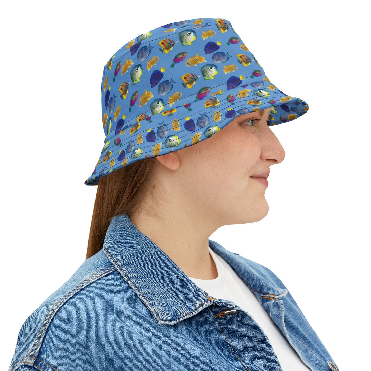 Tropical Polyester Bucket Hat, 2 Sizes - School of Fish / Light Blue