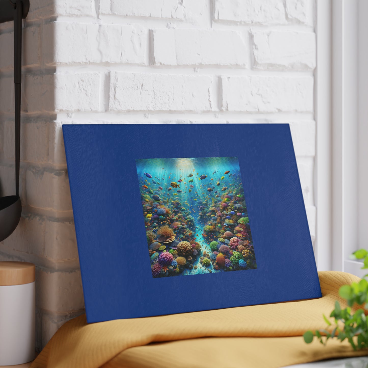 Glass Cutting Board, 2 sizes - Busy Coral Reef/Dark Blue