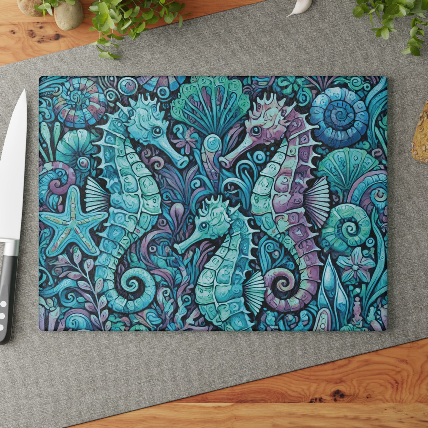 Glass Cutting Board, 2 sizes - Seahorses/Turquoise