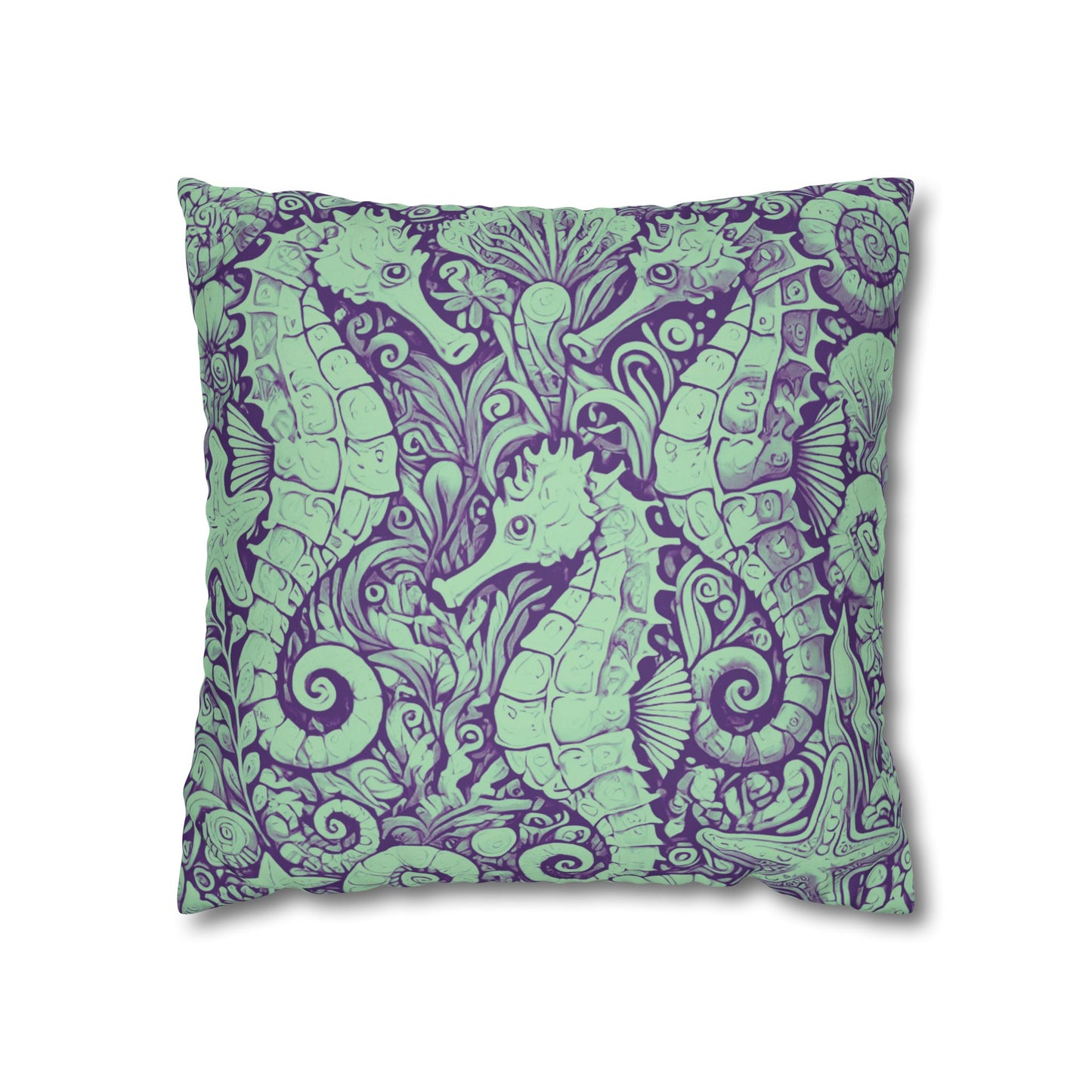 Faux Suede Square Pillowcase - Seahorse Trio, Minty
