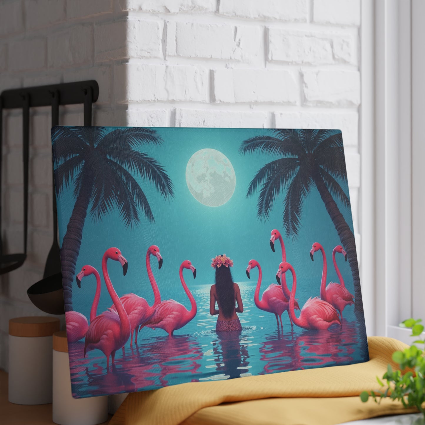 Glass Cutting Board, 2 sizes - Moonlit Mermaid and Flamingos