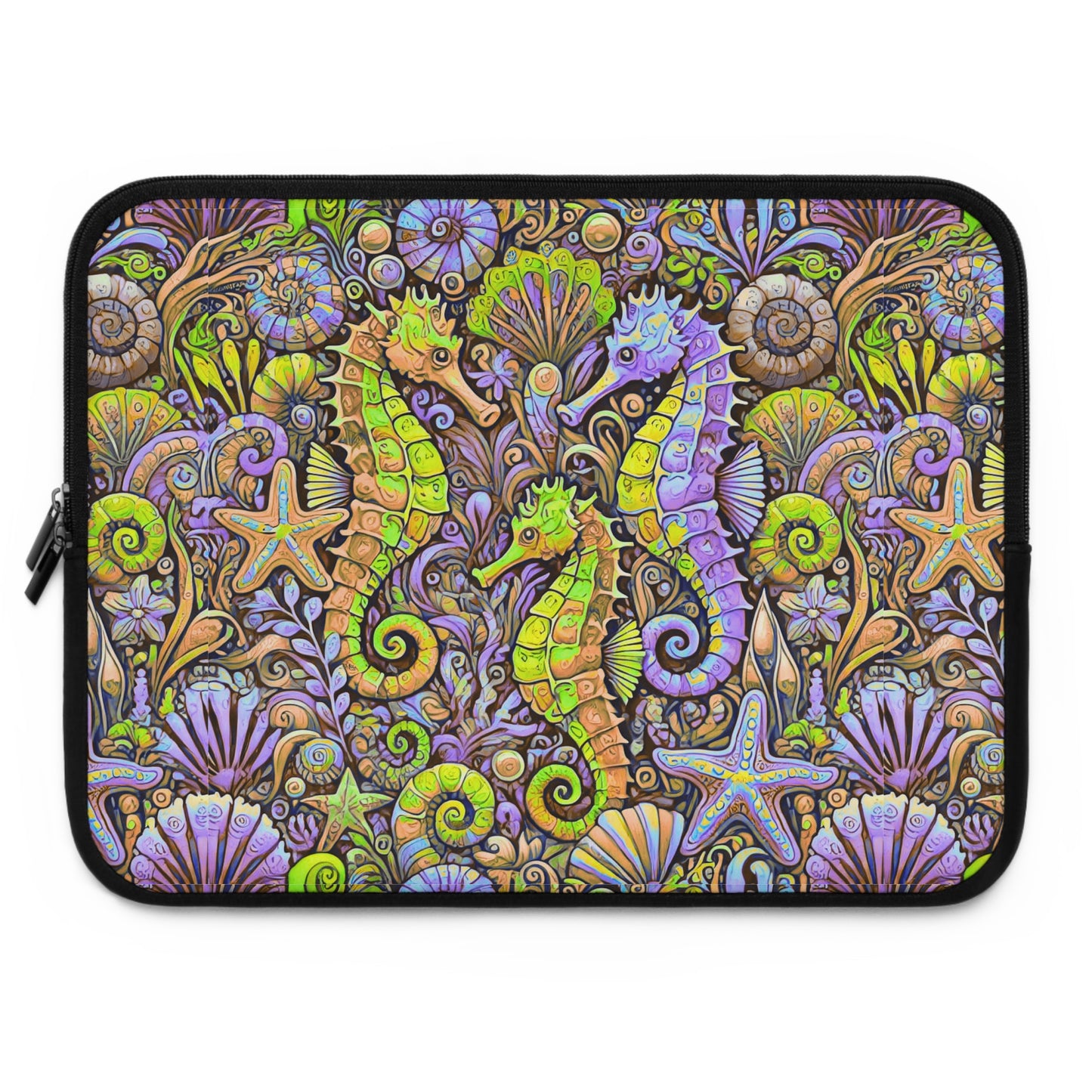 Tropical Laptop Sleeve, 5 Sizes - Perfect for Beach Lovers & Students / Seahorses, Yellow and Purple