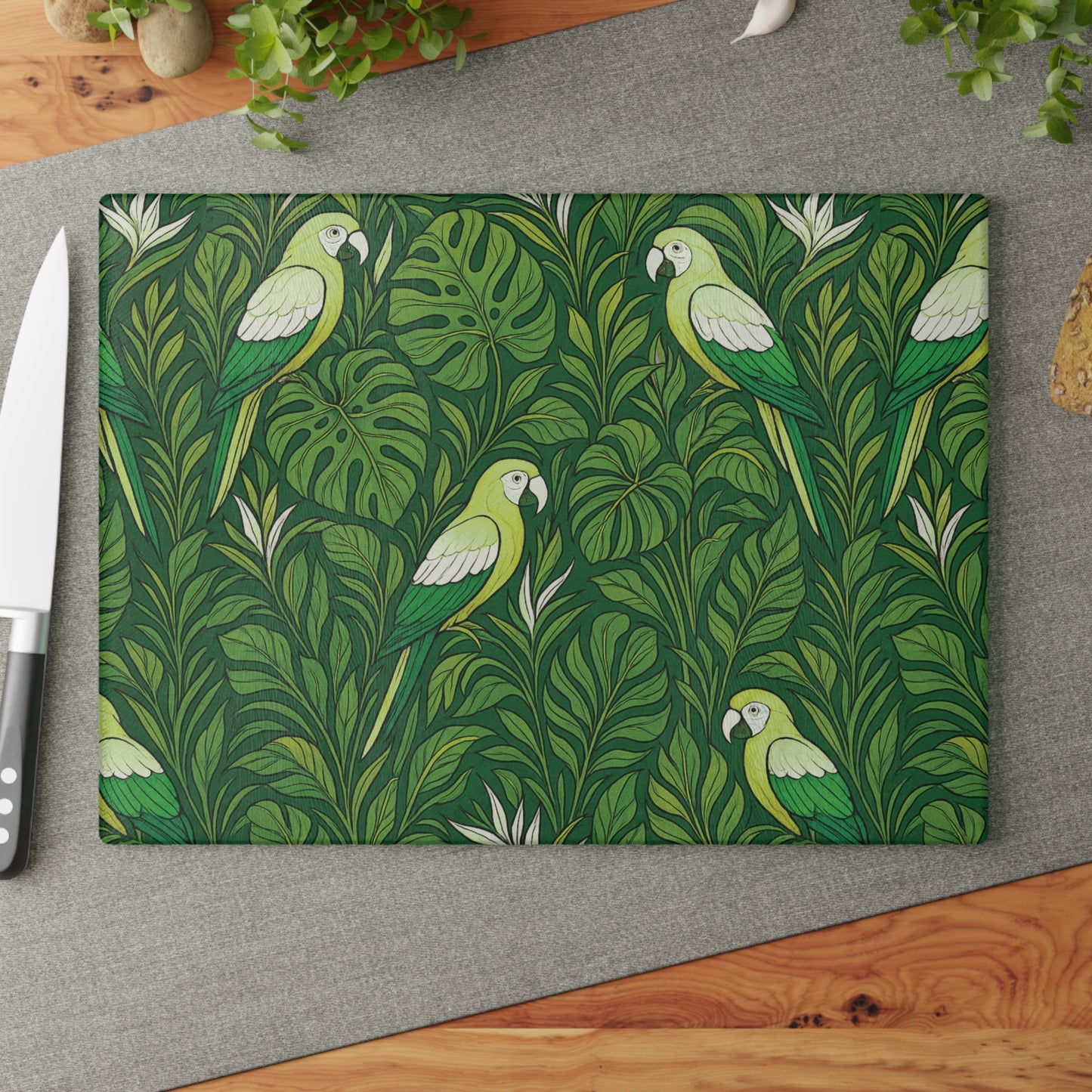 Glass Cutting Board, 2 sizes - Parrot Family, Lime