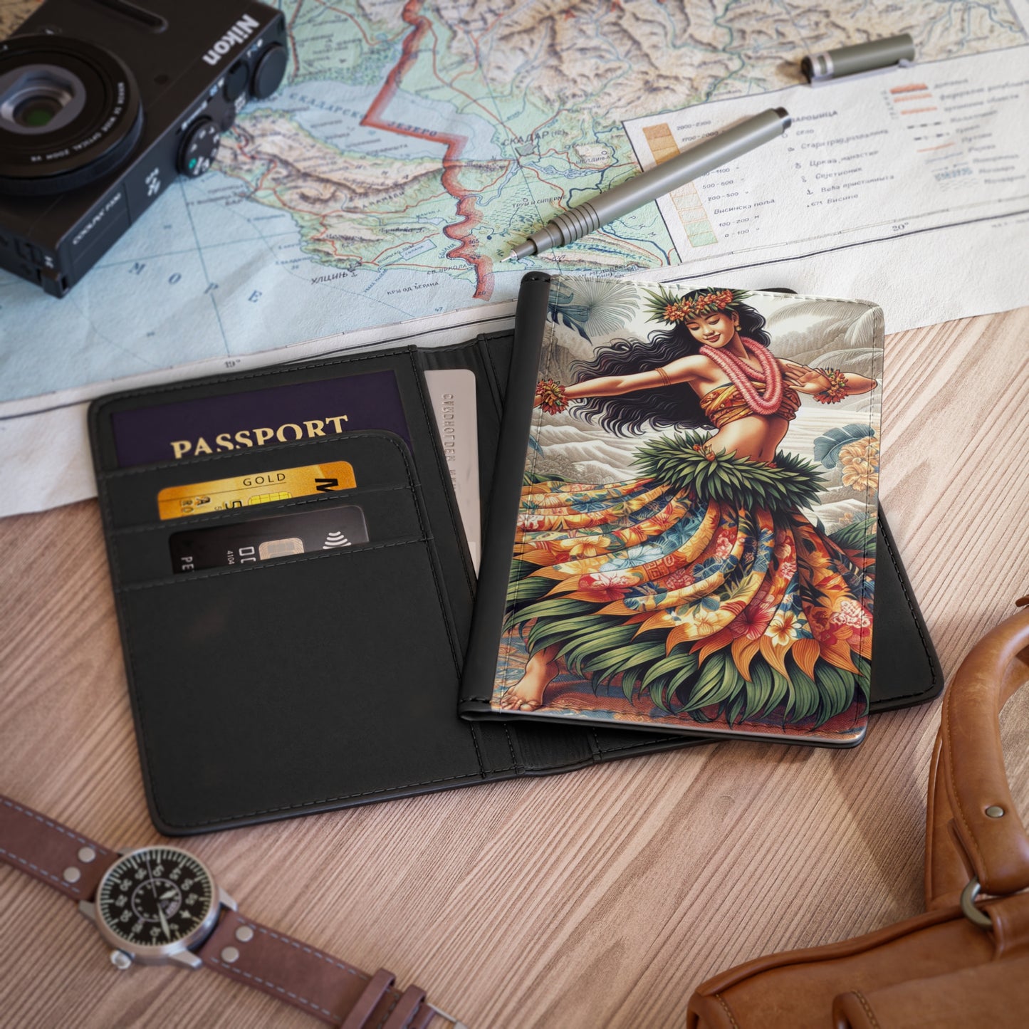 Tropical Passport Cover, Faux Leather - RFID blocking for travel security / Hawaiian Dancer Tiki