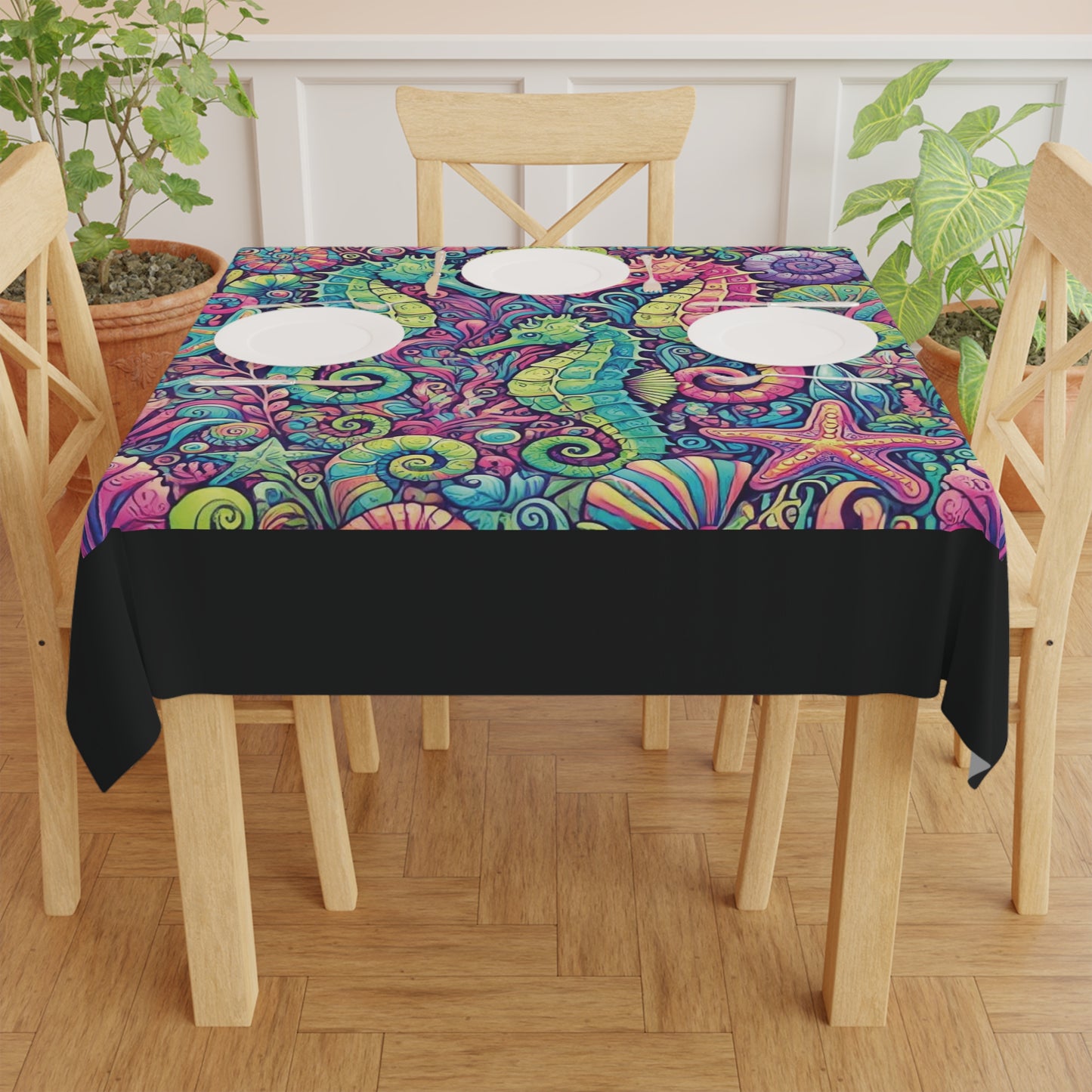 Seahorse Trio/Black ~ Square Tablecloth, 55" x 55"