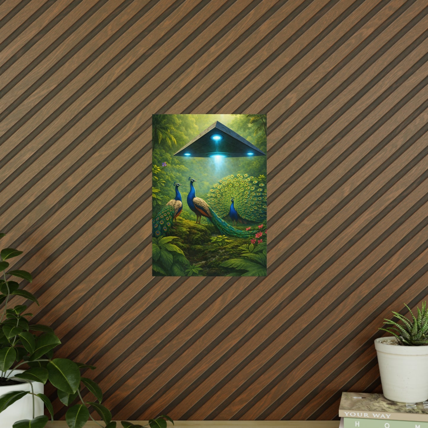 Photopaper Poster — UFO & Peacocks Sci‑Fi Wall Art