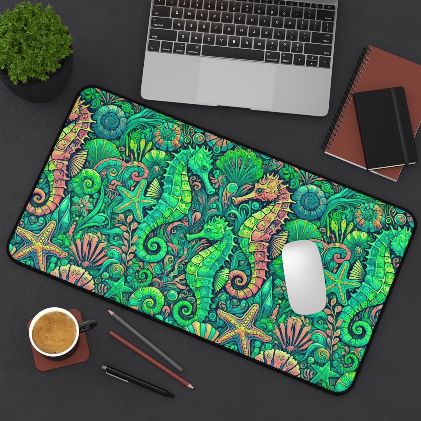 Tropical Mouse Pad/Desk Mat, 3 Sizes - Perfect for Home Office / Seahorses, Hot Lime