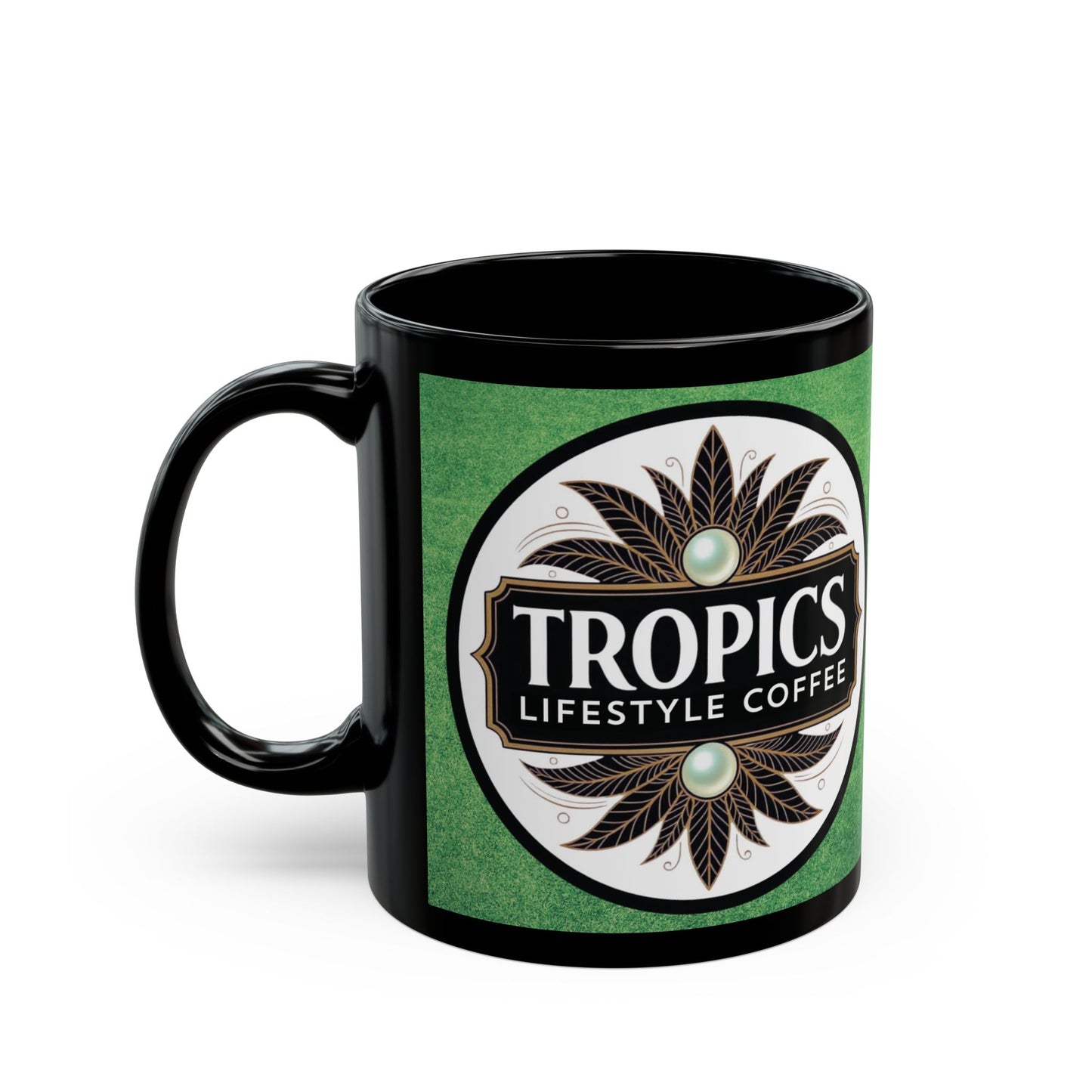 Black Coffee Mug - Green Bkground /TLCoffee Logo