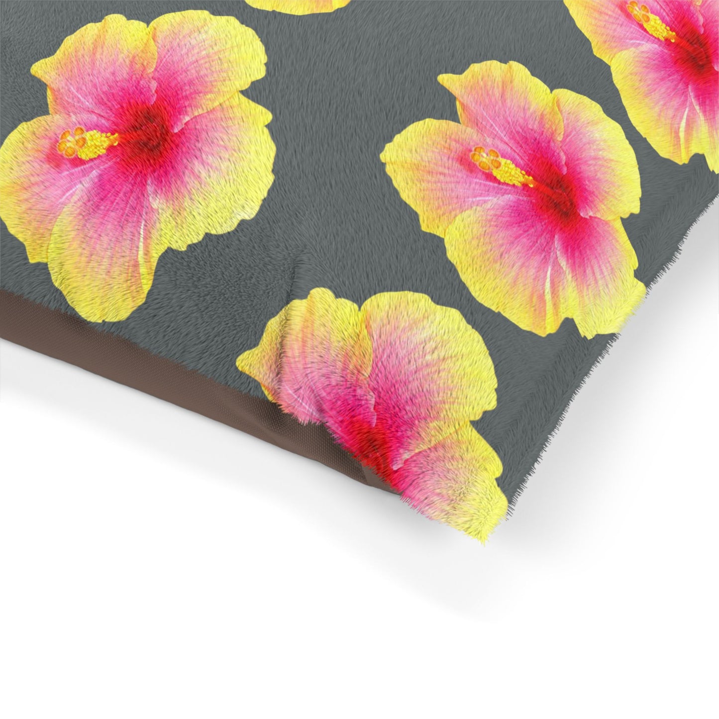 Pet Bed - Cozy and Fun Dog or Cat Bed for Beach Lovers / Real Yellow & Pink Hibiscus/Dark Grey