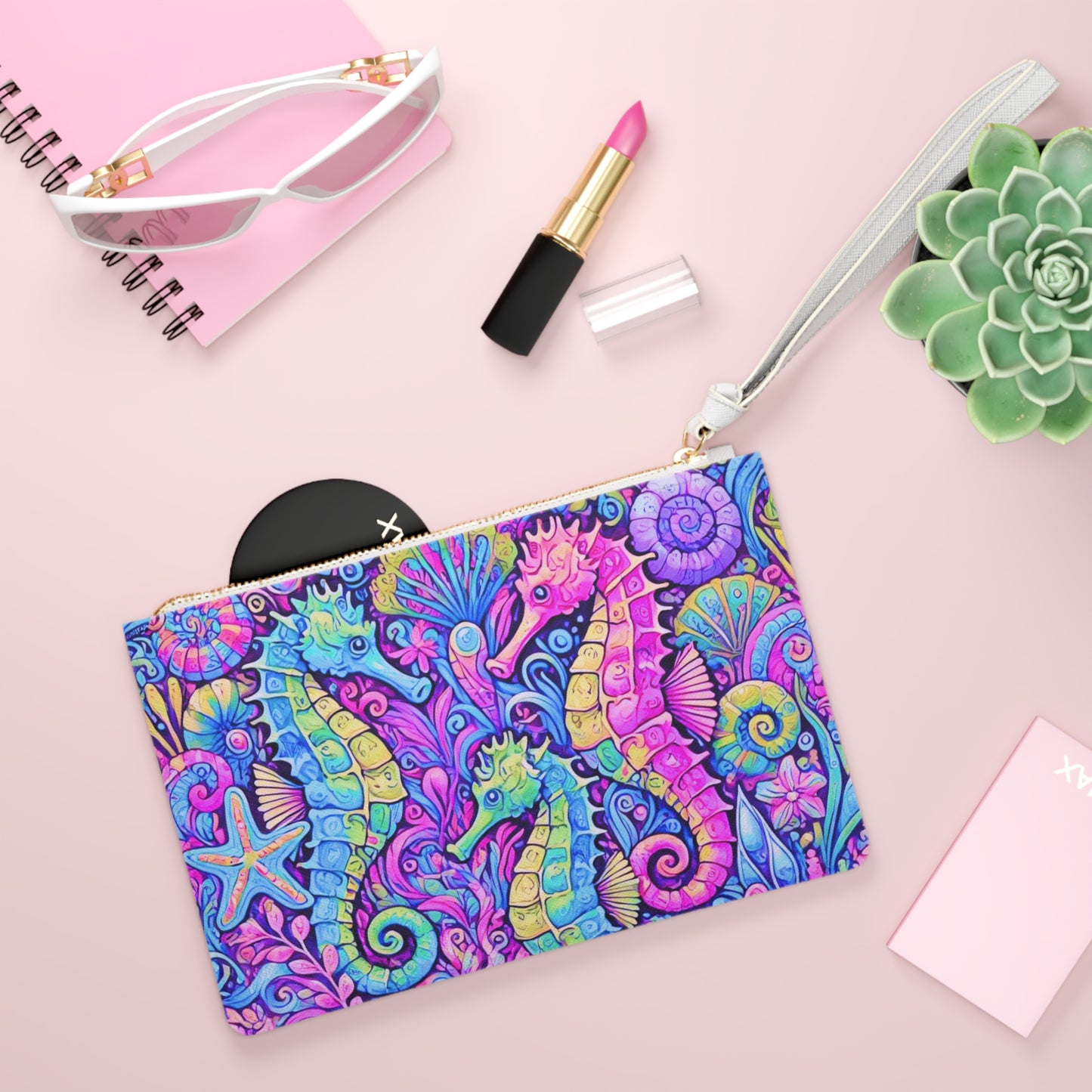 Tropical Faux Leather Clutch Bag - Perfect for Beach Adventures & Summer Vacations / Seahorse Trio, Fantasy Pop