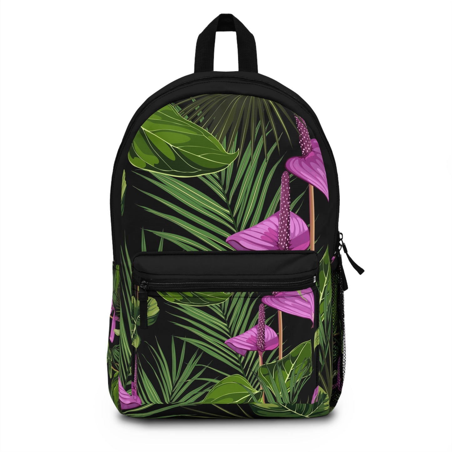 Tropical Floral Backpack - Vibrant Green Design for Nature Lovers / Anthurium and Palm, Black