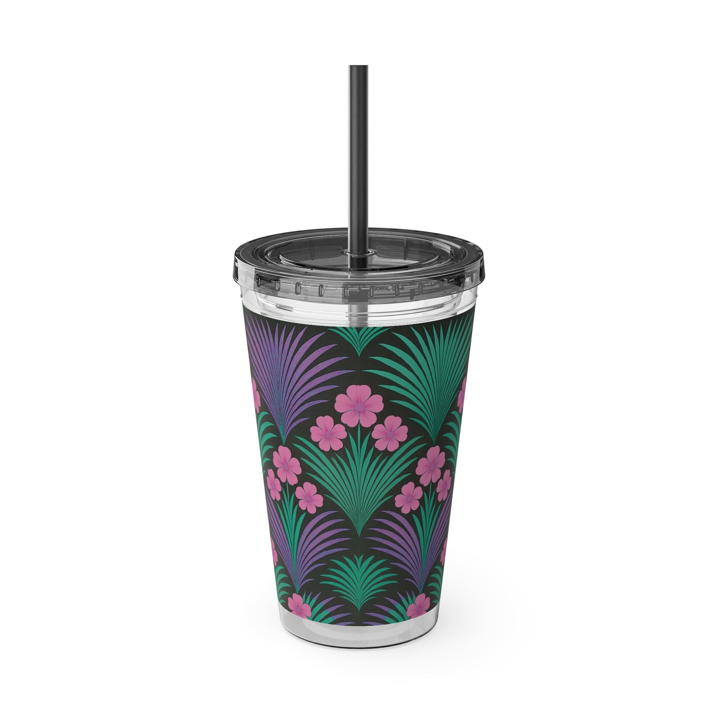 Tropical Tumbler with Straw | 16oz Colorful Travel Cup / Midnight Hibiscus Deco, Pink