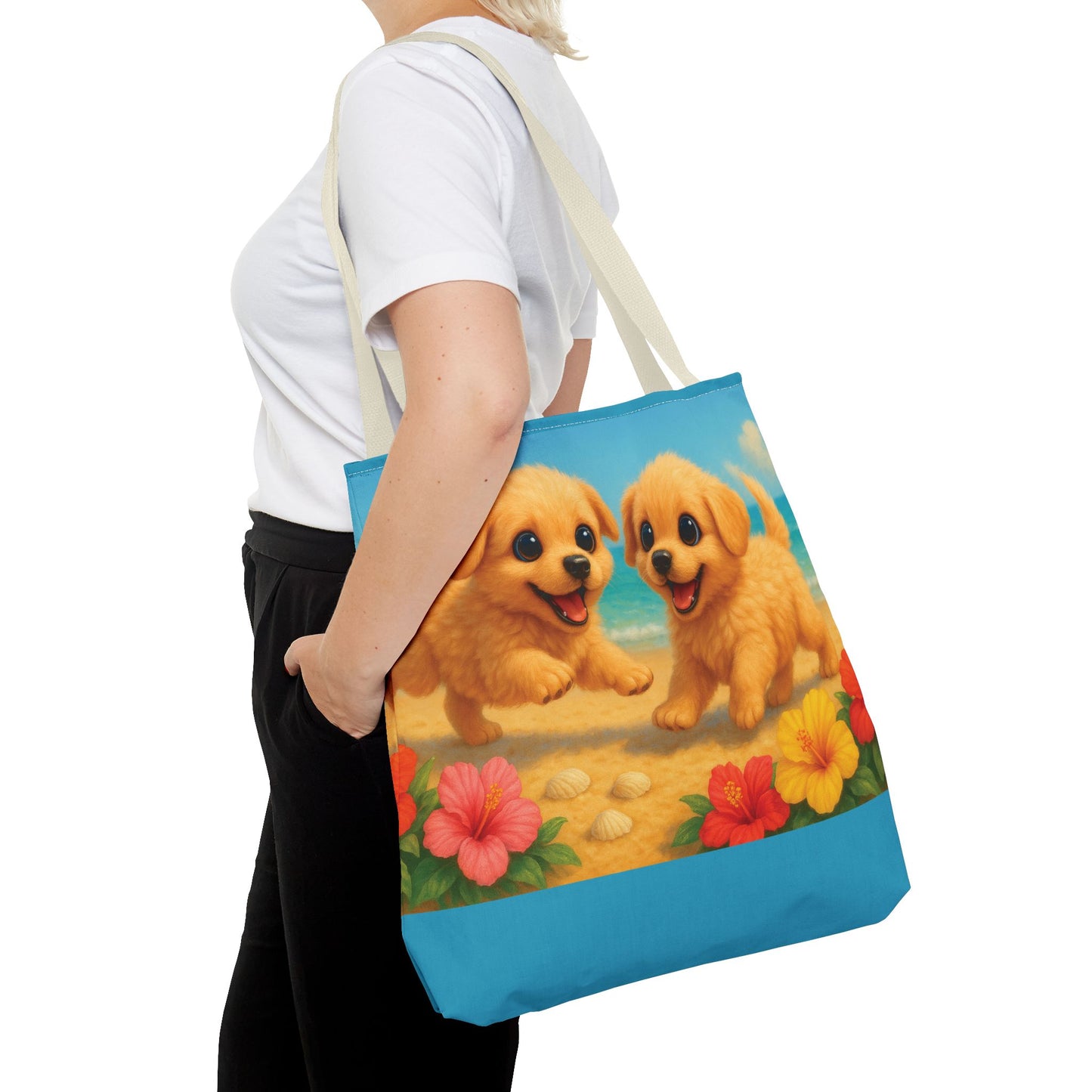 Two Puppies on Beach Tote Bag - 3 Sizes