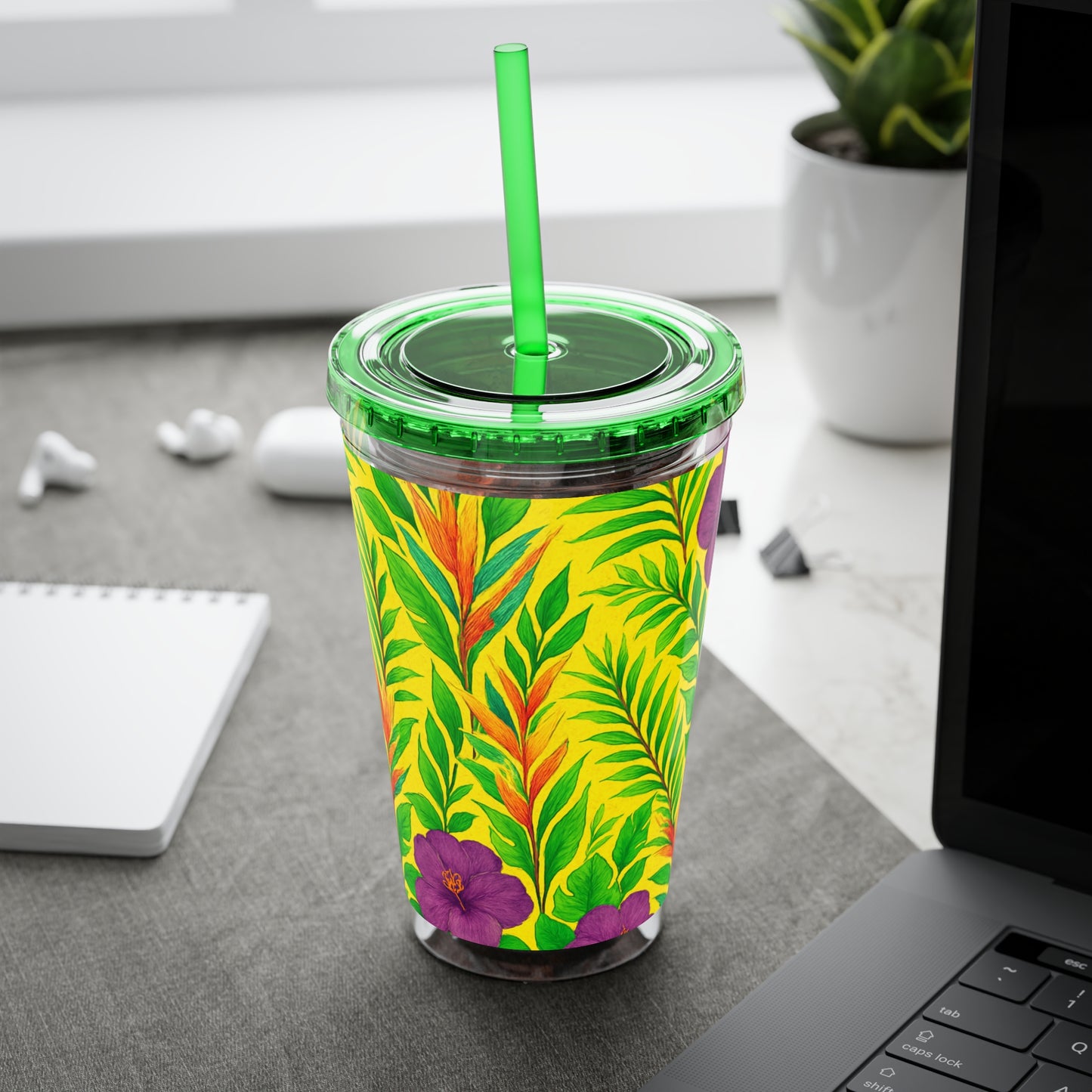 Tropical Tumbler with Straw | 16oz Colorful Travel Cup / Midnight Flower Yellow