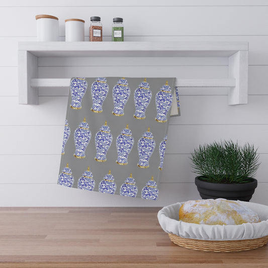 TeaTowels (cotton, poly), Blue and Gold Ginger Jar repeat medium grey