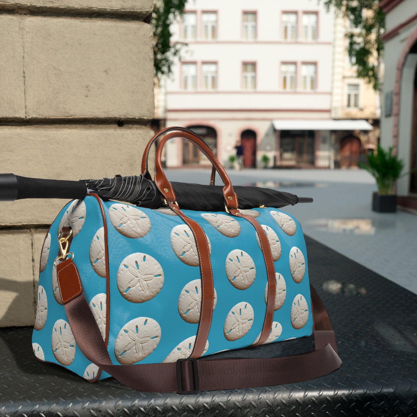 Tropical Waterproof Travel Bag - Perfect for Beach Getaways / Real Sand Dollars, Turquoise