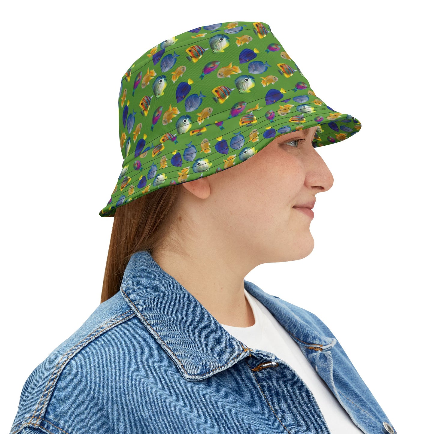 Tropical Polyester Bucket Hat, 2 Sizes - School of Fish / Light Green