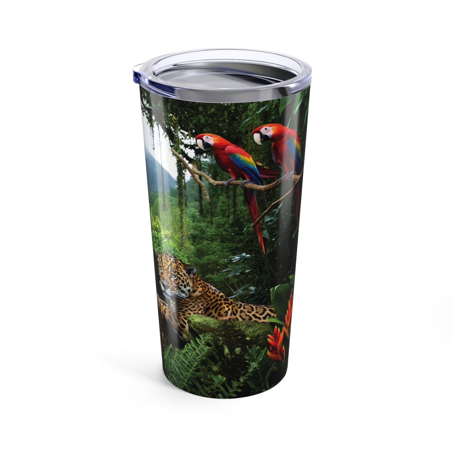 20oz Tropical Glossy Tumbler, Stainless Steel / Jaguars and Parrots