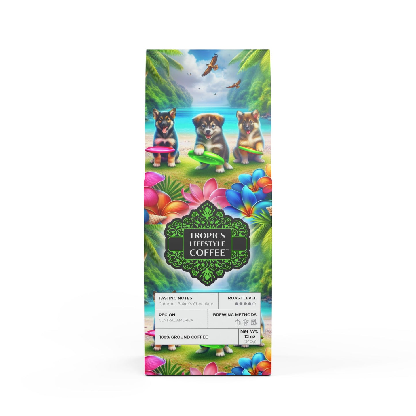 Cocoa Palms Blend™ (Medium-Dark Roast) Specialty Grade Craft Coffee / Beach Dogs Playing Frisbee