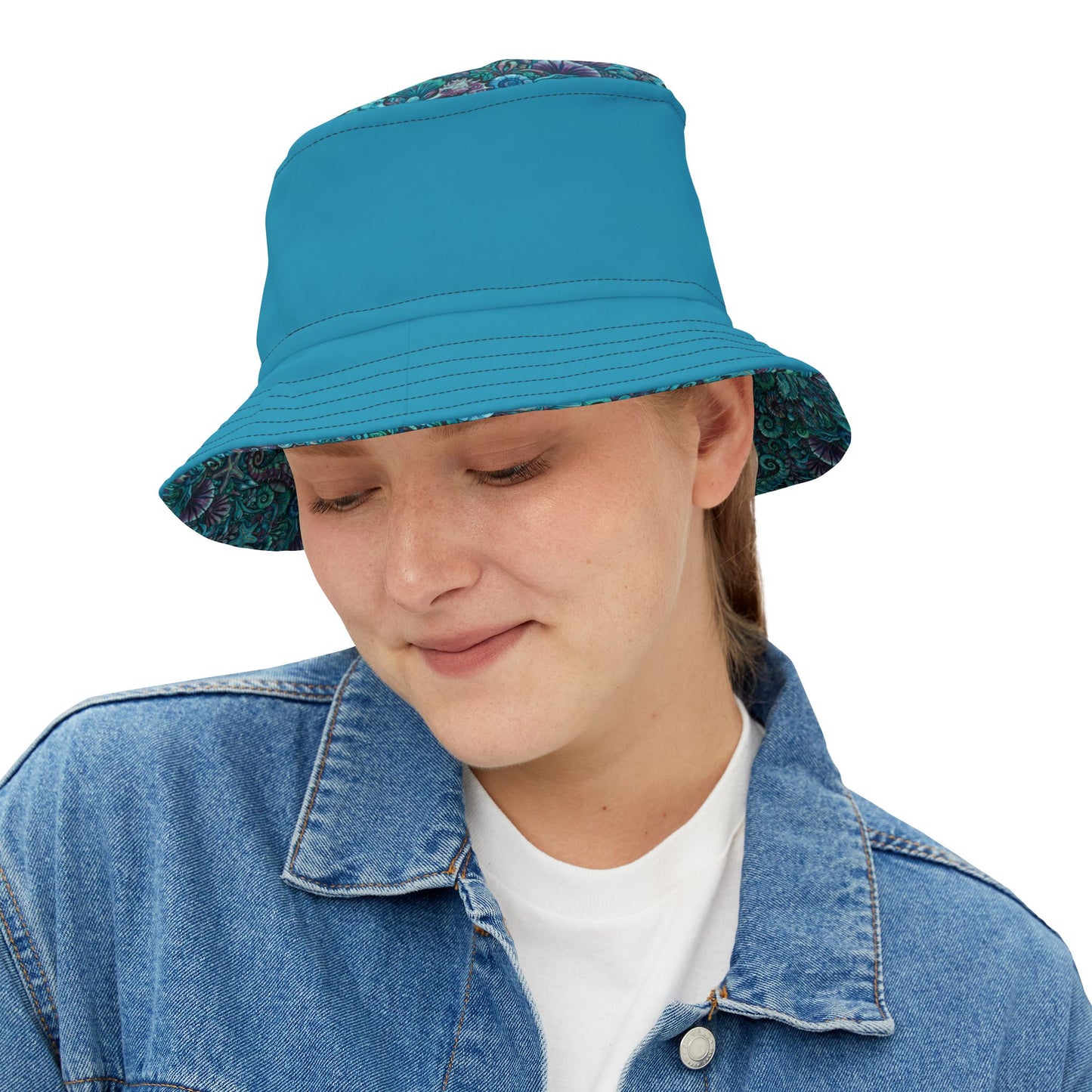 Tropical Polyester Bucket Hat, 2 Sizes - Seahorses Turquoise