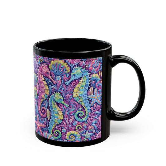 Black Coffee Mug - Seahorse Trio, Purple Fantasy