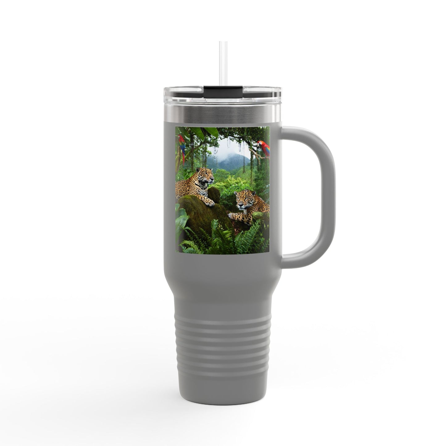 Insulated Travel Mug, 40oz / Jaguars and Parrots - Perfect for Outdoor Adventures