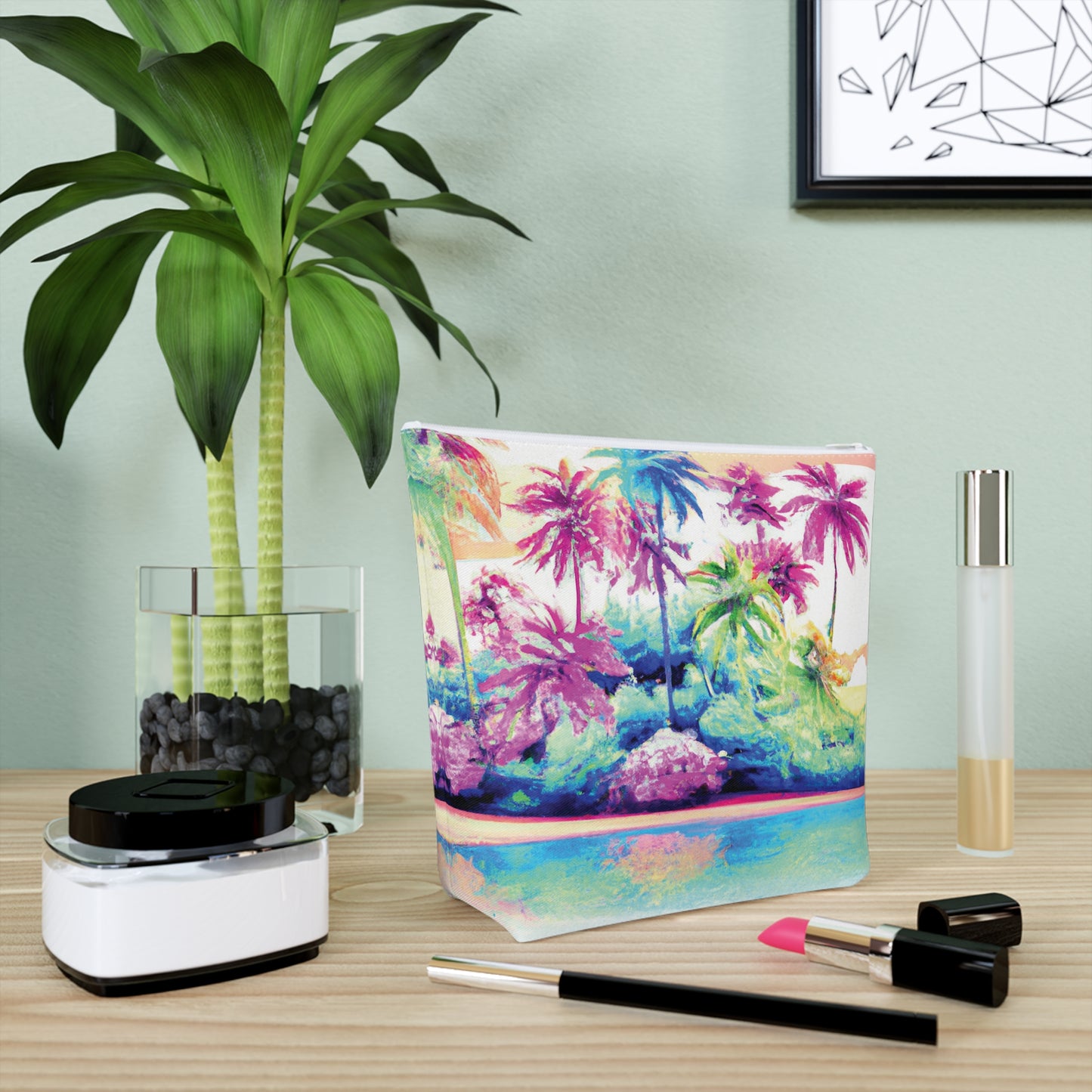 Tropical Cotton Cosmetic Bag, Makeup Pouch, 5 Sizes / Watercolor Beach