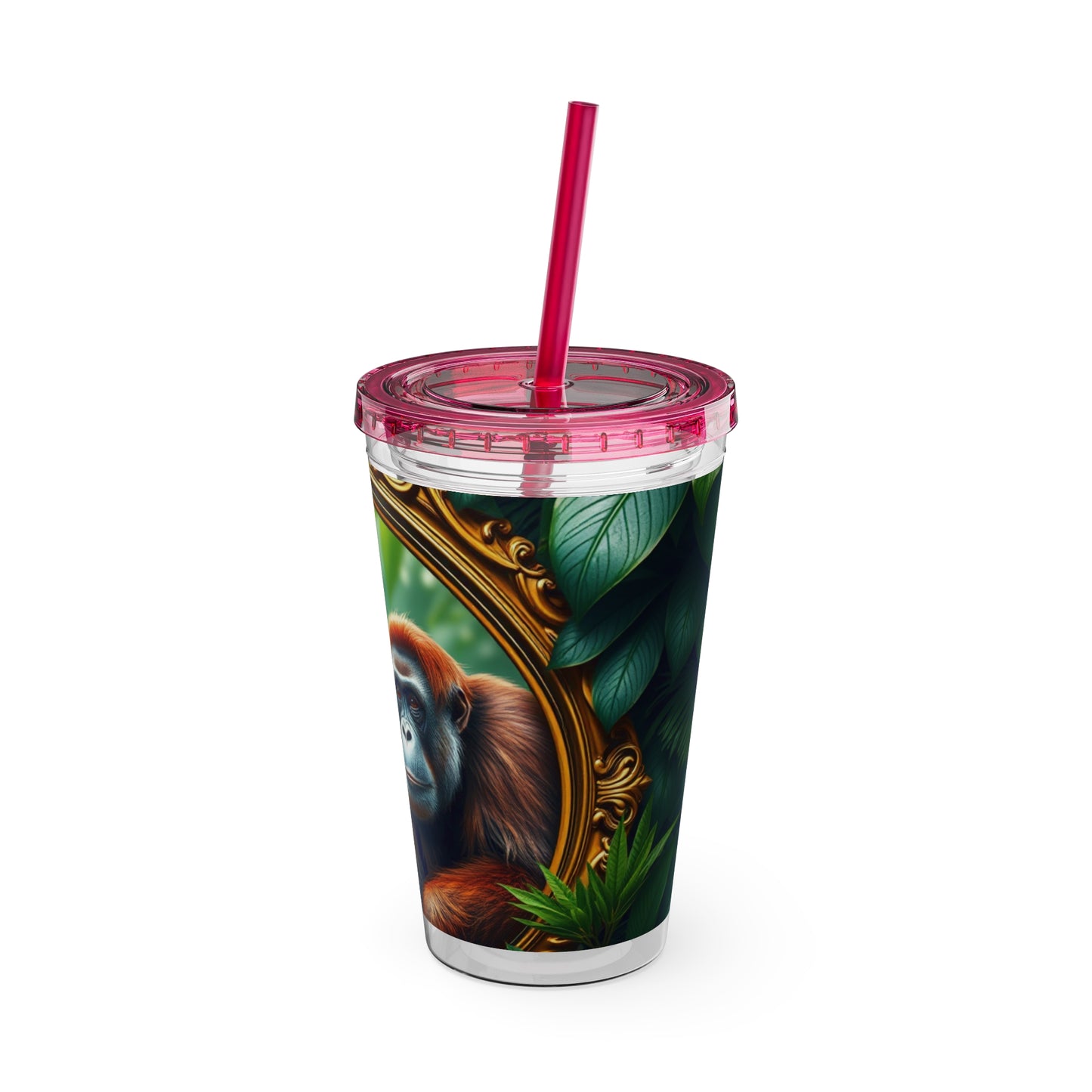 Tropical Tumbler with Straw | 16oz Colorful Travel Cup / Framed Orangutan Apes