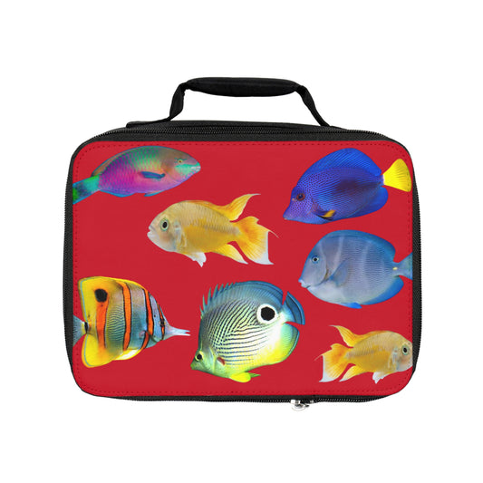 School of Fish/Dark Red Lunch Bag - Eco-Friendly Insulated Tote, Adult and Child Lunchbox / Perfect for Picnics, Beach Outings