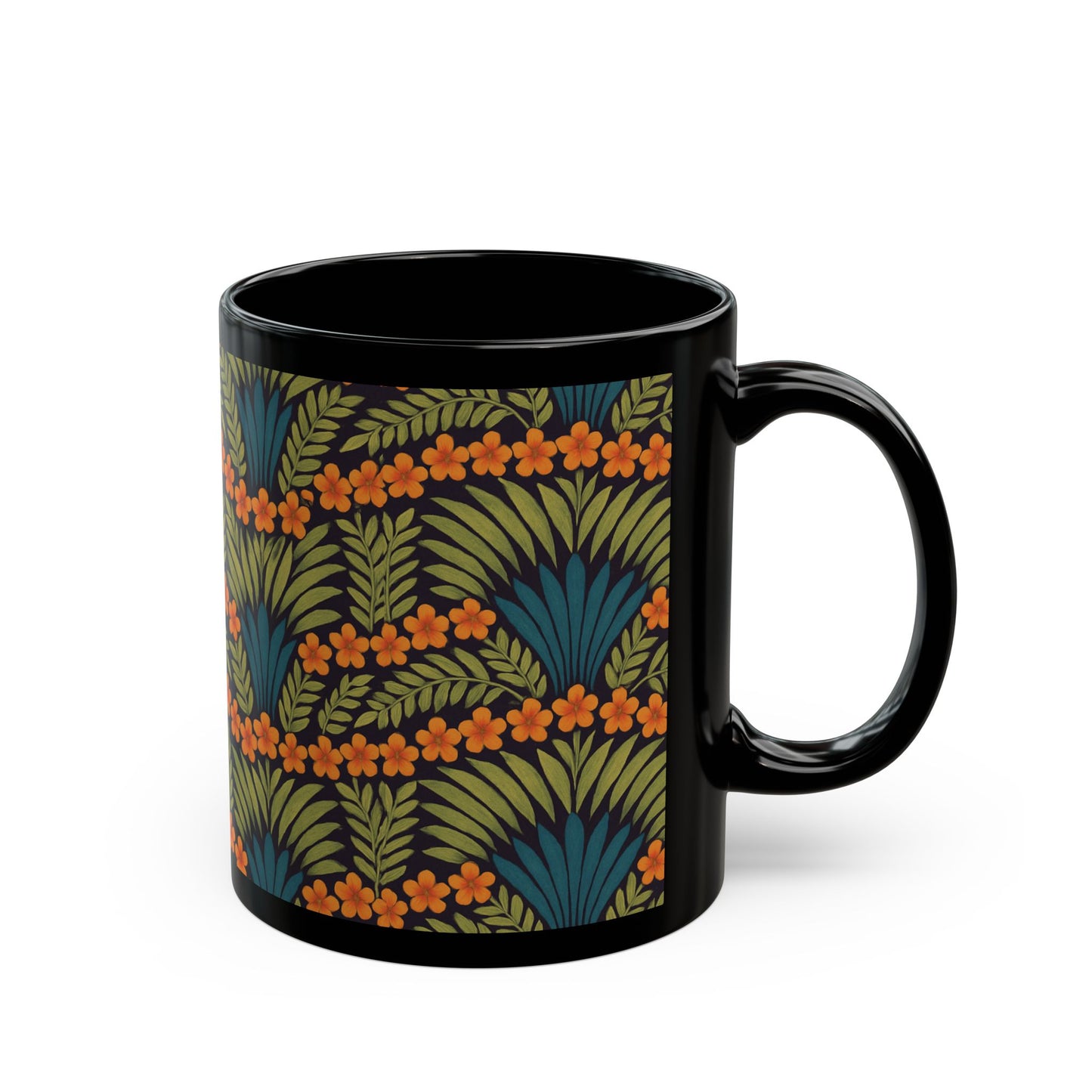 Black Coffee Mug - Hibiscus Fan Dance, Orange