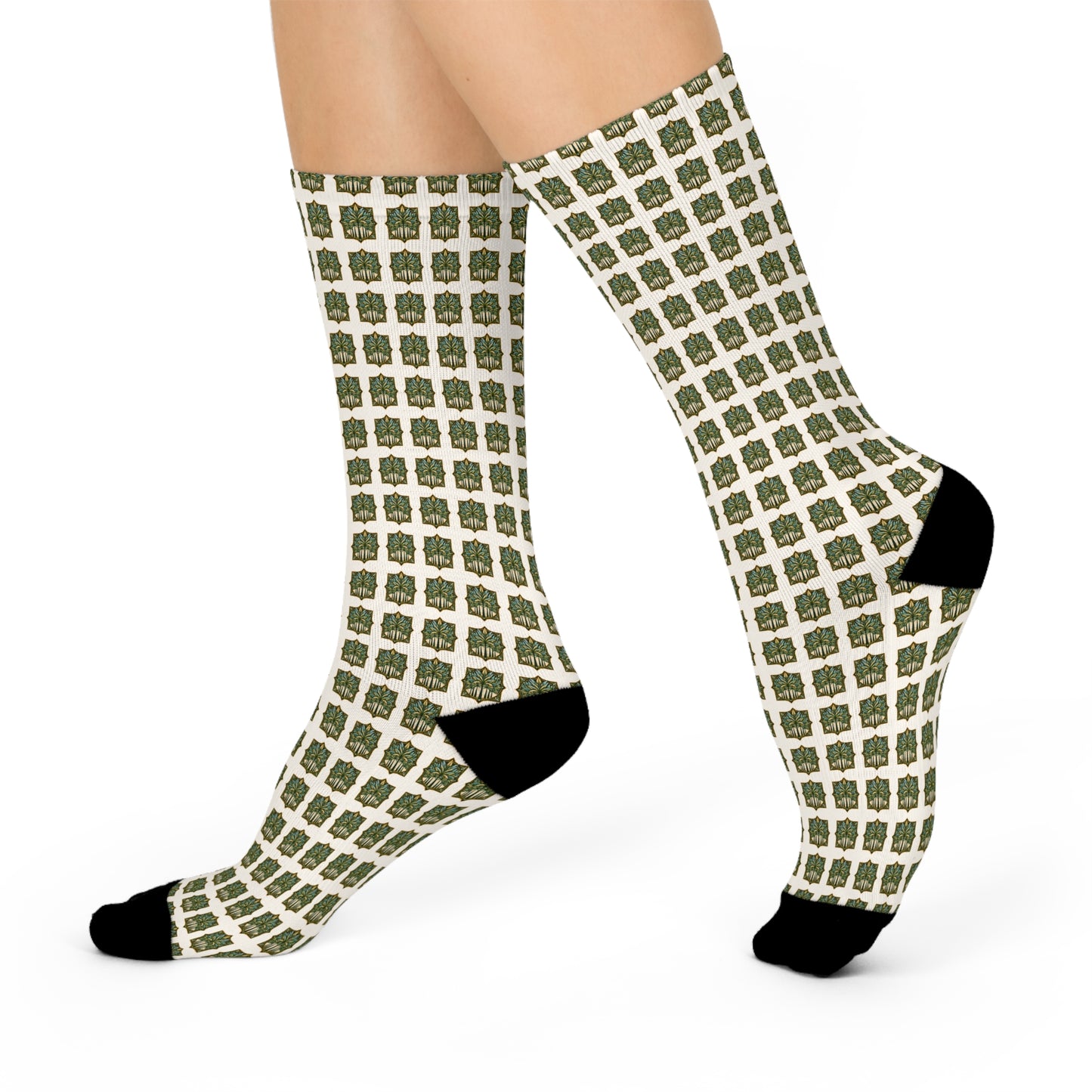 Cushioned Crew Socks - Deco Palm Trees, Green