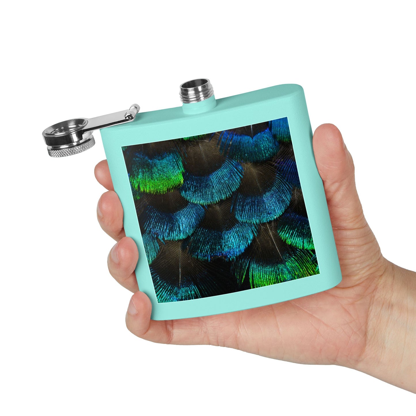 Tropical Stainless Steel 6 oz. Flask, Many Colors  – Real Eyelash Blue/Green Peacock Feathers