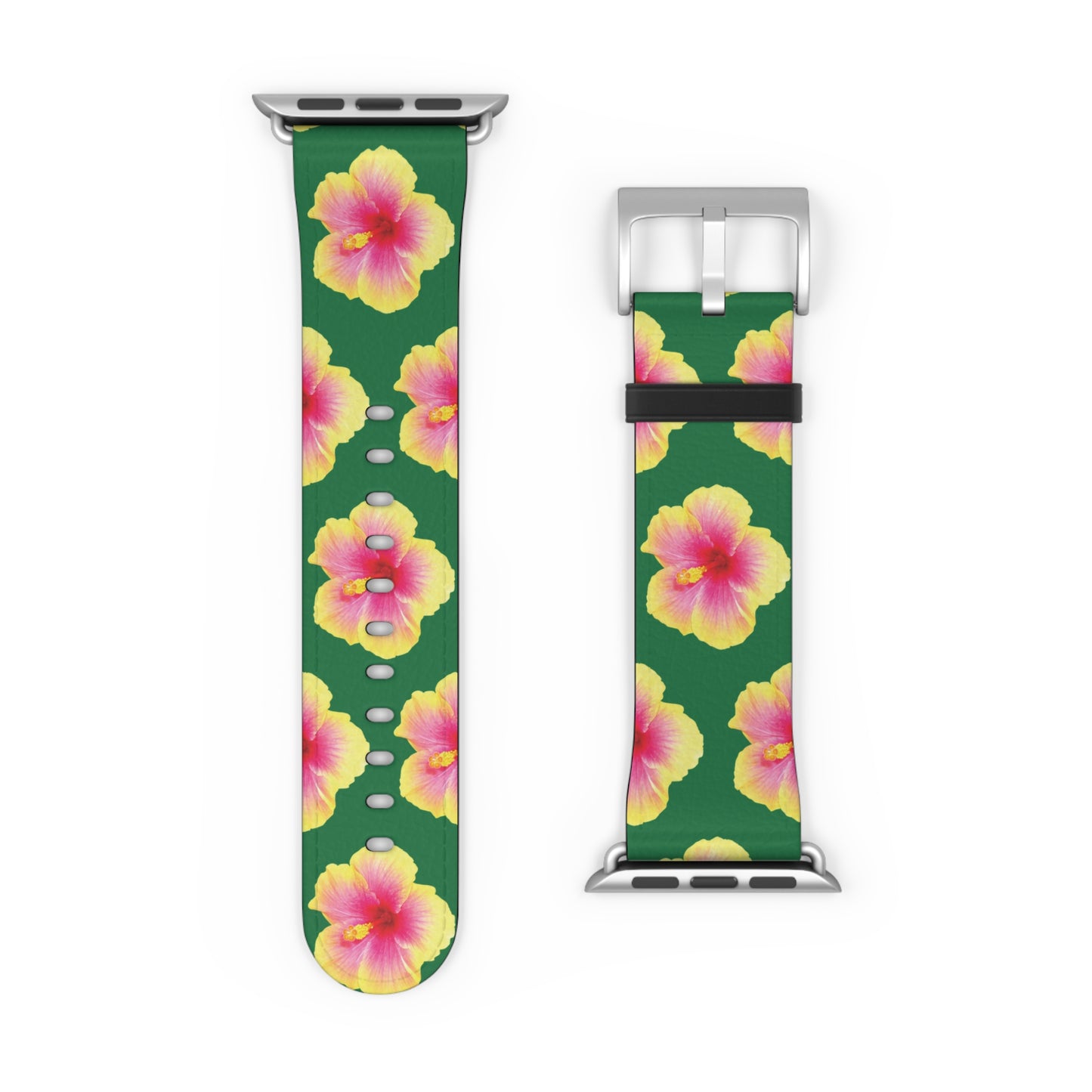 Apple Watch Band - REAL Yellow/Orange Hibiscus Flower, Dark Green