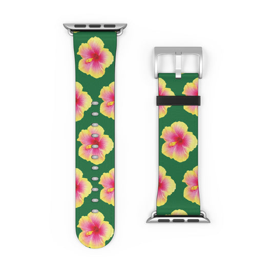 Apple Watch Band - REAL Yellow/Orange Hibiscus Flower, Dark Green