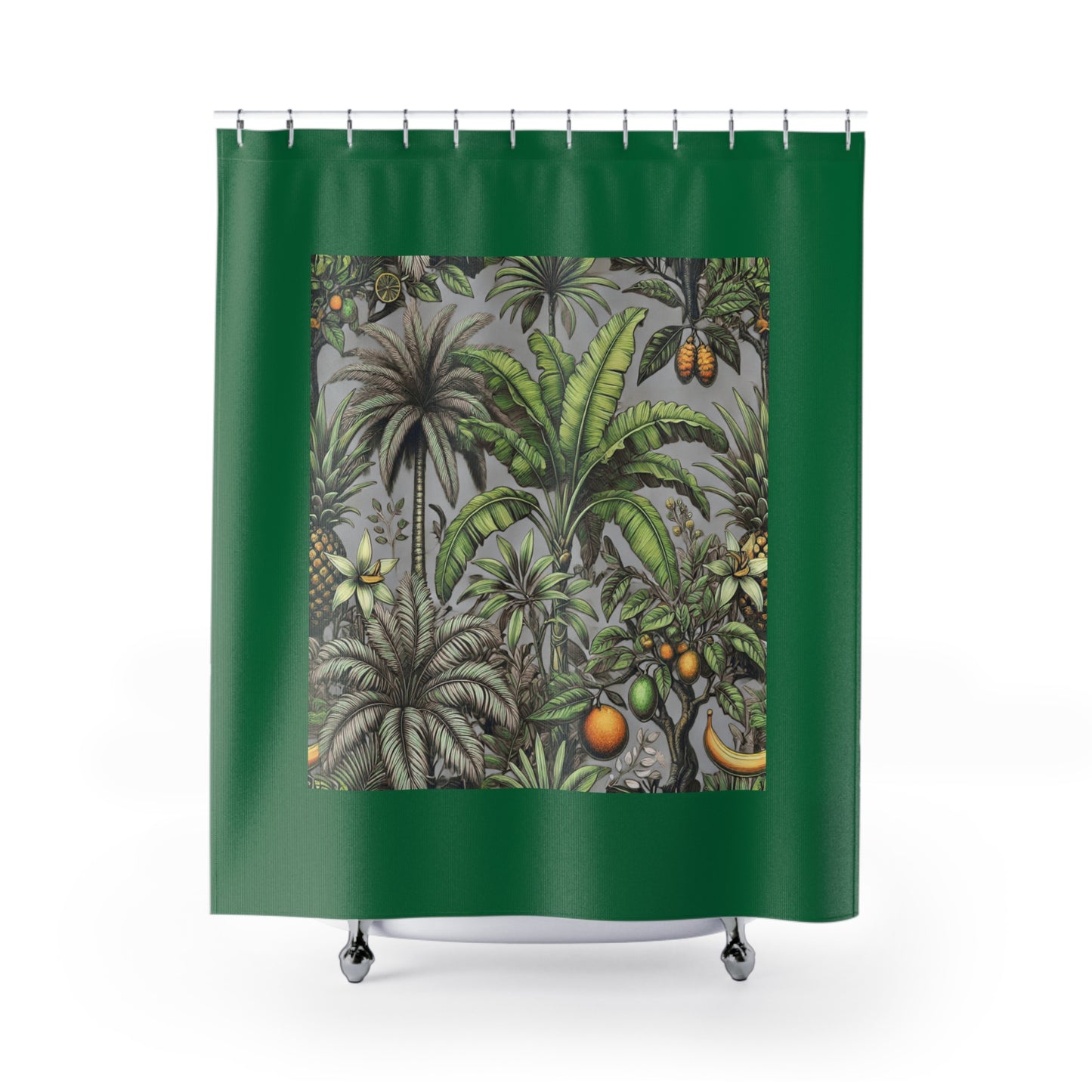 Palm Tree Shower Curtain - Ocean Bathroom Decor / Tropical Fruit/Grey, Dark Green