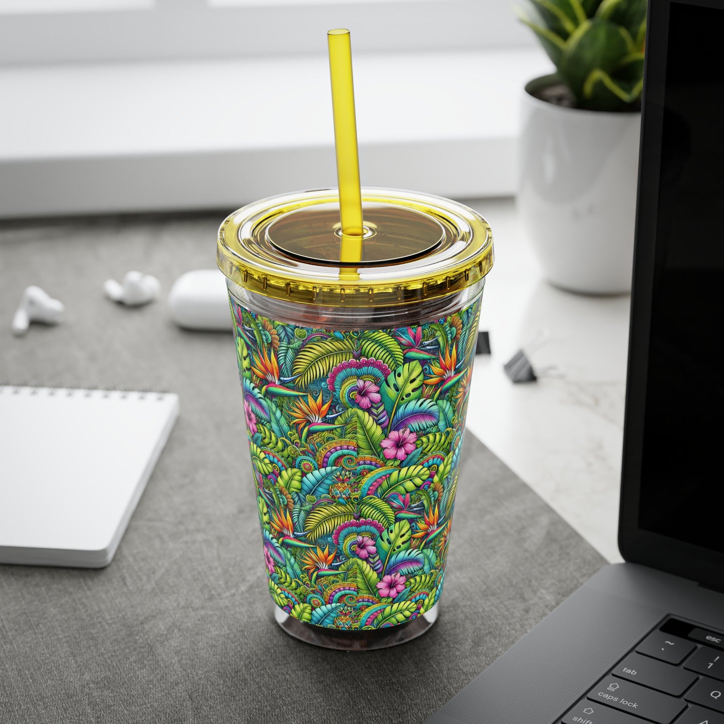 Tropical Tumbler with Straw | 16oz Colorful Travel Cup / Rainforest Blooms