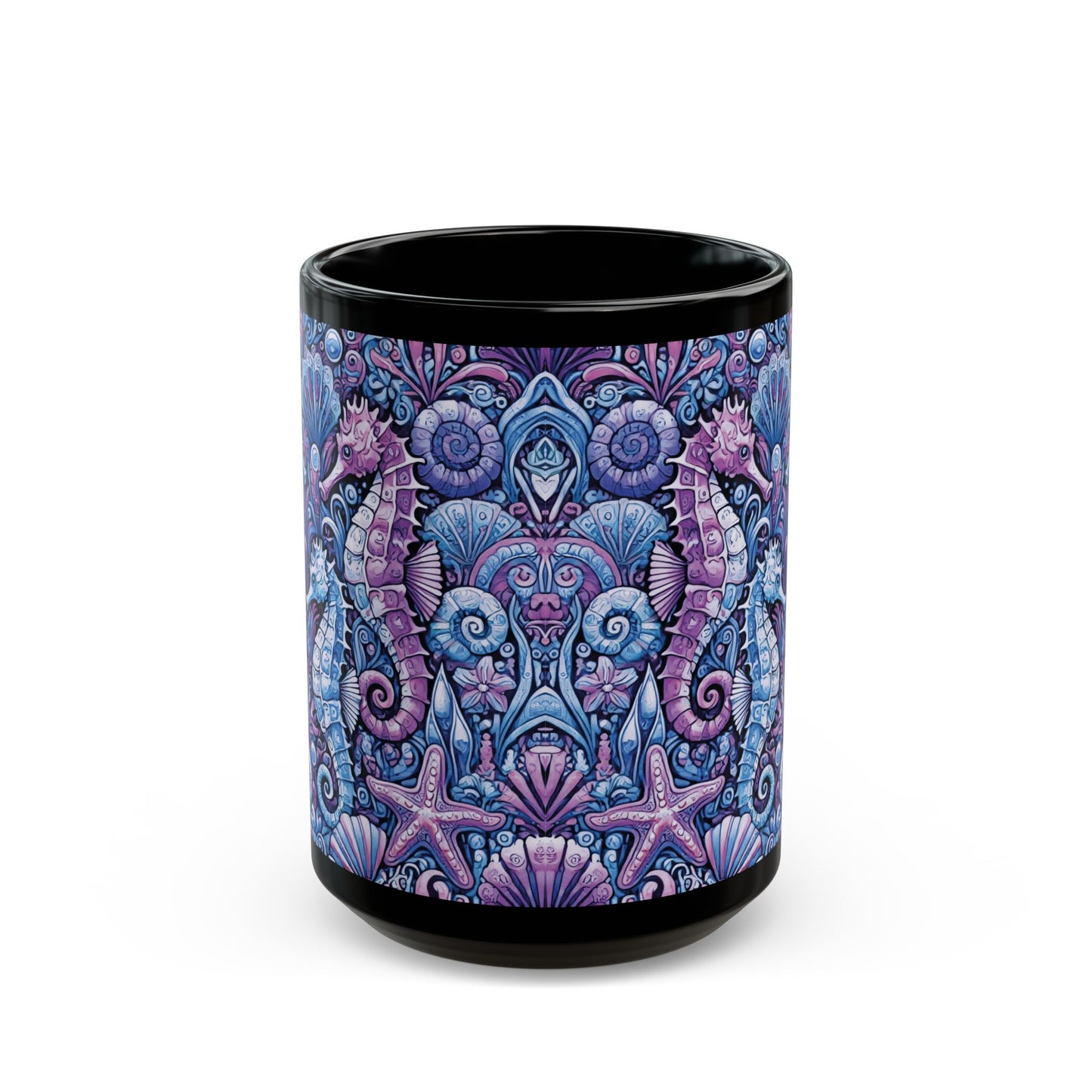 Black Coffee Mug - Seahorse Trio, Purple & Blue