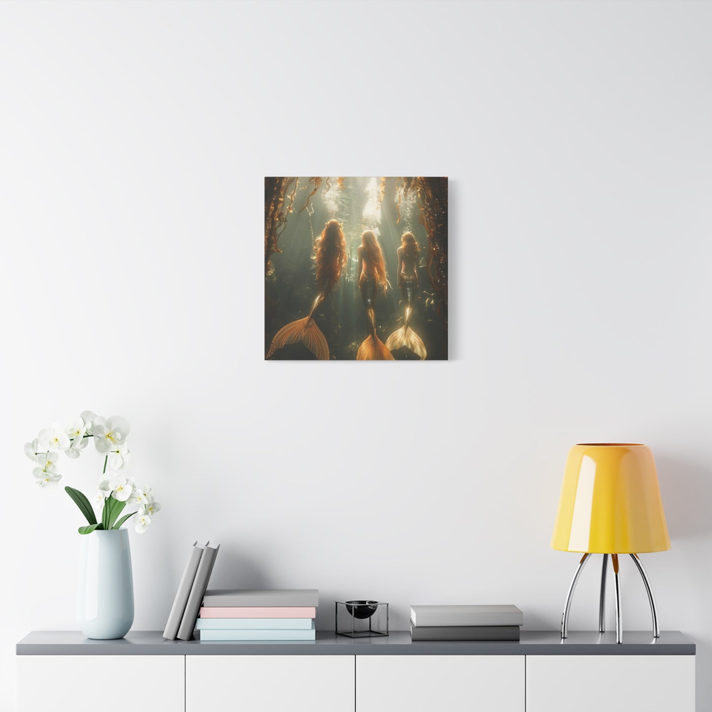 Mermaid-Themed Matte Canvas Wall Art - Enchanting Underwater Scene / Three Mermaid Sisters