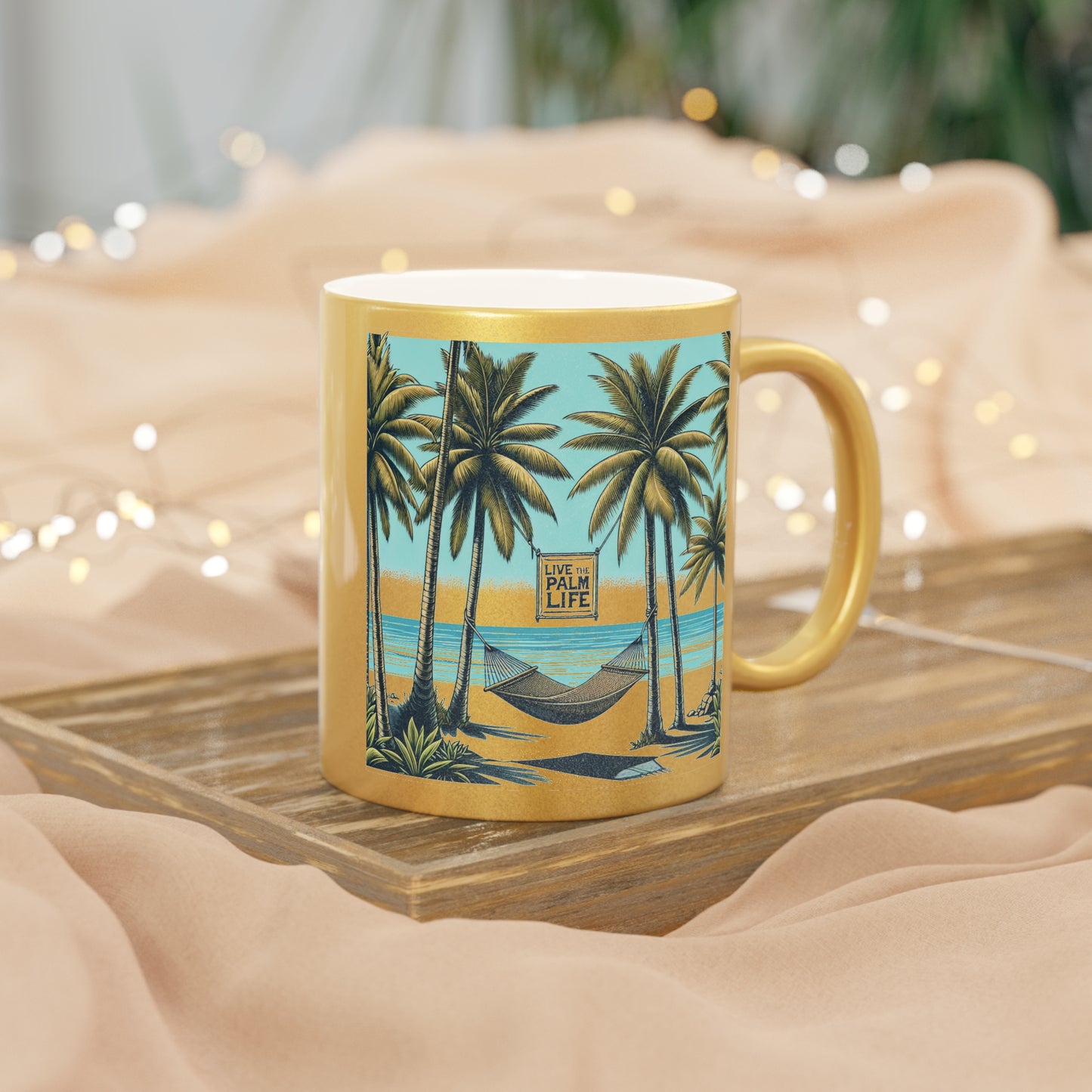 Colorful Tropical Metallic Mug, Gold or Silver - Hammock on the Beach