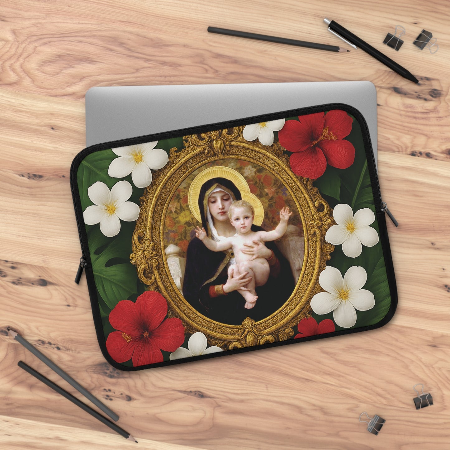 Religious Floral Laptop Computer Sleeve, Portable Tech Gift / Virgin of the Lilies