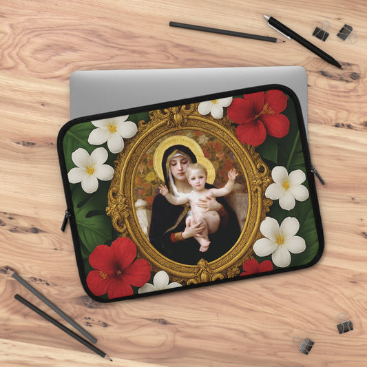 Religious Floral Laptop Computer Sleeve, Portable Tech Gift / Virgin of the Lilies
